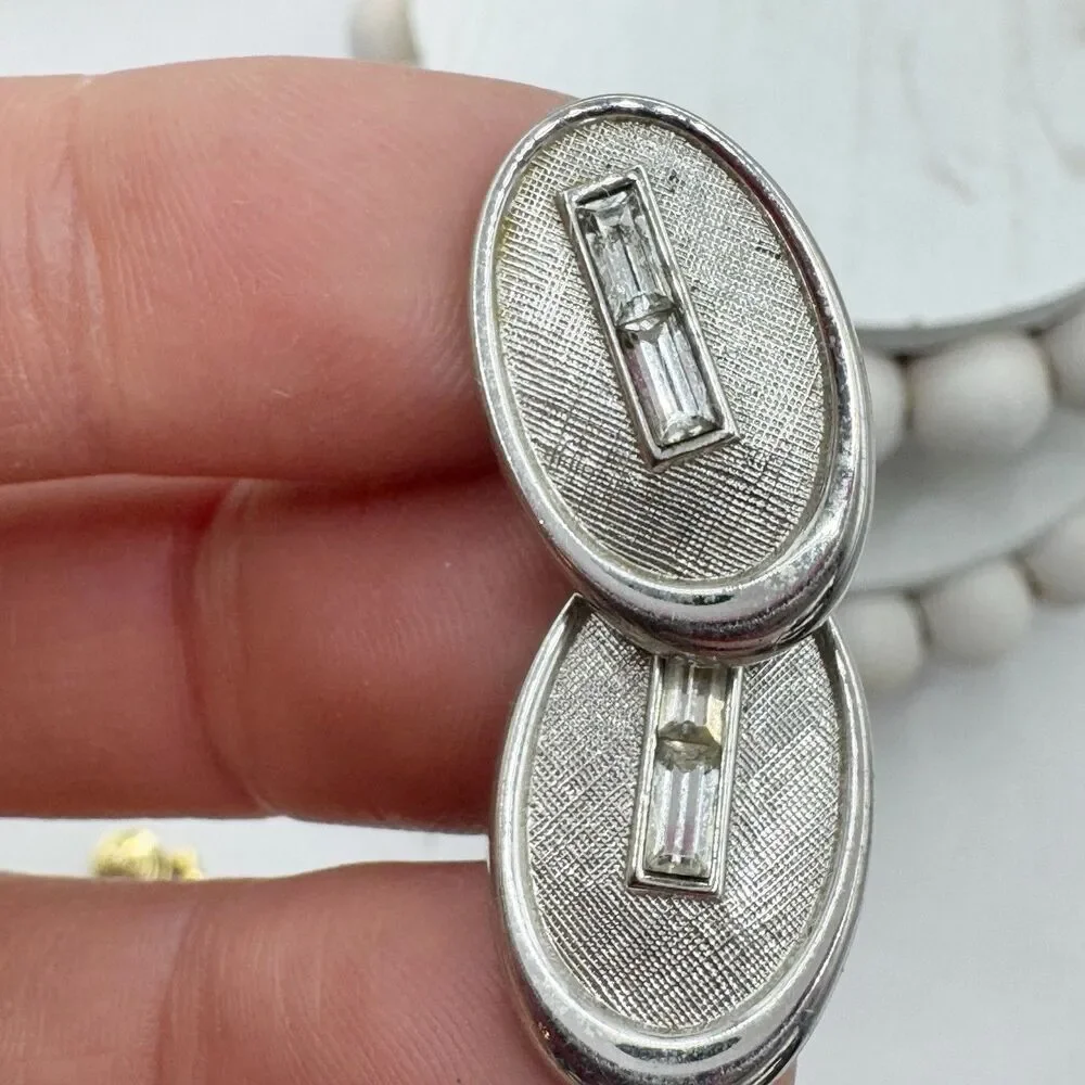 Vintage MCM Mid Century Modern Oval Cufflinks Baguette Rhinestones Silver Tone T